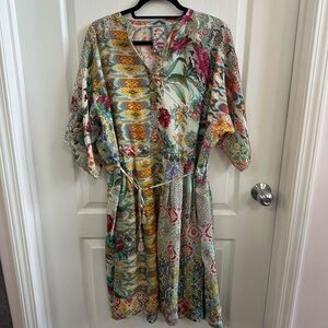 Johnny Was Floral Patchwork Midi Dress in Cream, Yellow, Green, Pink